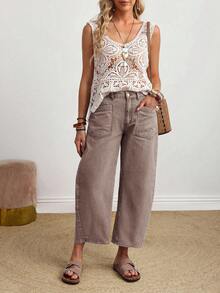 EMERY ROSE Quần jeans cỡ lớn, màu trơn, phong cách retro, thường ngày, đa năng, có túi. - Cà phê nâu - Xem 5