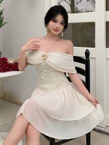 Modelyn Đầm ngắn lãng mạn thắt eo ngọt ngào dành cho phụ nữ - Màu be - Xem 6