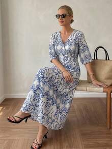 Vivie Lora Women's Minimalist Printed V-Neck Short Sleeve Dress Vacation Outfits Women - Blue - View 1