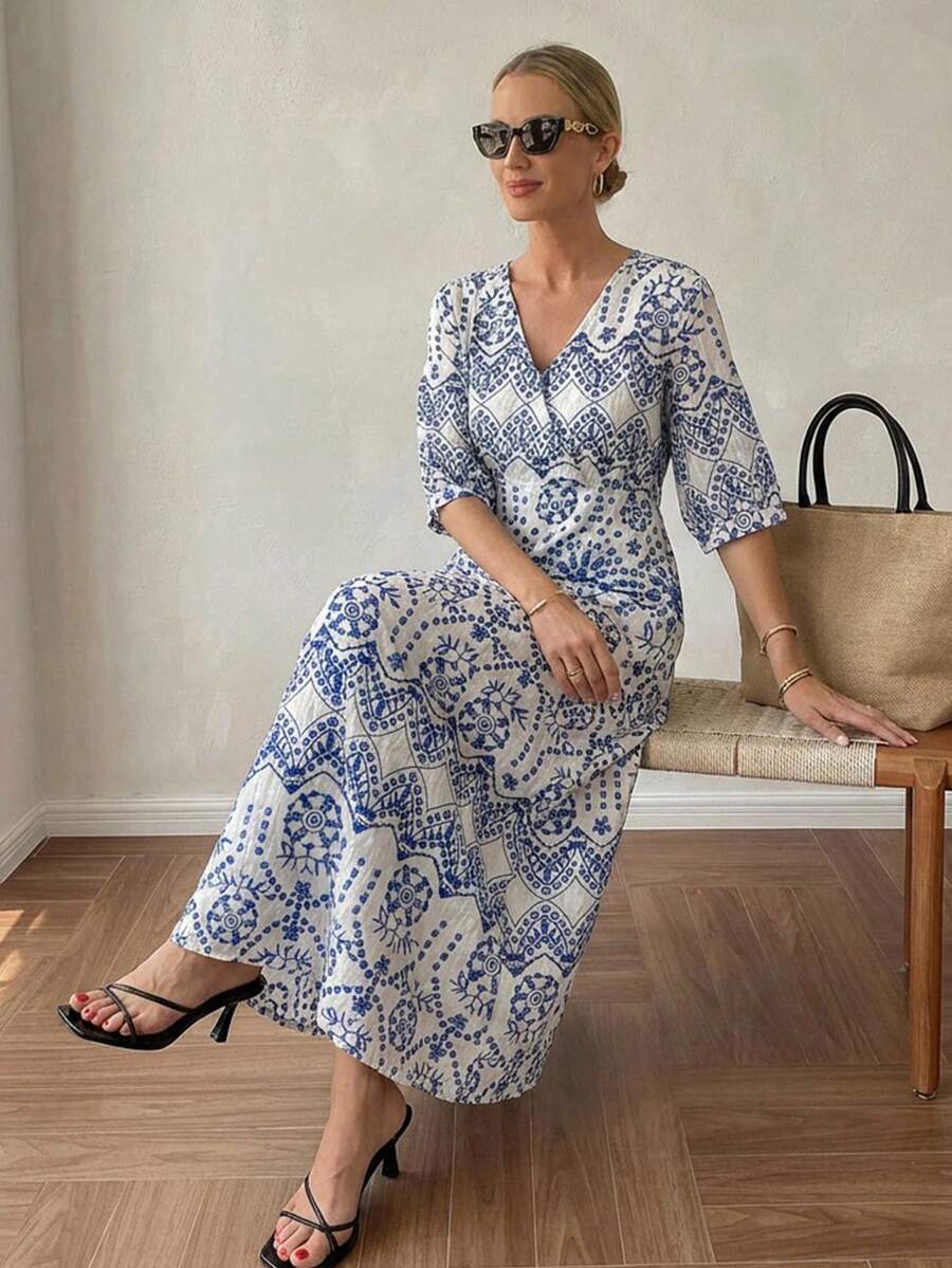Vivie Lora Women's Minimalist Printed V-Neck Short Sleeve Dress Vacation Outfits Women - Blue - View 1