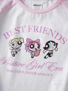 THE POWERPUFF GIRLS X SHEIN 少女圆领短袖插肩袖可爱印花休闲T恤 - 粉色 - 查看 4
