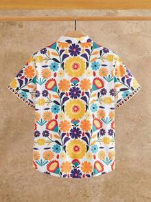 Manfinity VCAY HIMLAND Men's Casual Floral Print Button-Front Short Sleeve Shirt,White And Blue Floral,Summer Tropical Vacation Mexican Beach Colorful Flower Shirt - Multicolor - View 2