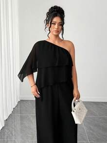 Elenzga Mono de mujer talla grande con hombros descubiertos y bajo asimétrico, de gasa de color liso, elegancia de alta gama, corte holgado, atuendo de verano para mujer, invitada de boda - Negro - Ver 6