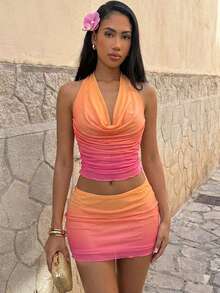 Glamine Minifalda elástica de malla con degradado romántico para mujer, atuendo de playa, atuendo para fiesta de playa, vestidos de verano ajustados, atuendos de club para mujer, minivestido ajustado para rave - Multicolor - Ver 1