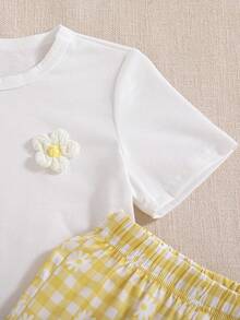 Souflis Souflis Young Girl' Spring/Summer Casual Knit 2-Piece Set, 3D Floral Decor Short Sleeve Top Paired With Daisy Plaid Pants, Suitable For Outings And Gatherings - Multicolor - View 4