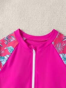 Baju Renang Romper Lengan Panjang Motif Bunga untuk Remaja Putri, Cocok untuk Liburan Musim Panas - Hot Pink - View 4
