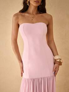 Silquee Women's Hot Pink Strapless Maxi Dress,Elegant High Slit Mesh Skirt Summer Vacation Gown,M Neckline Medium-Stretch Evening Party Dress For Formal - Baby Pink - View 4
