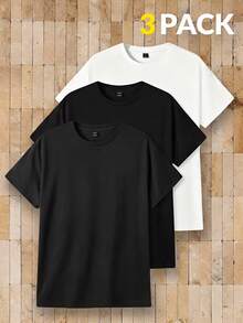 AKNOTIC Business Casual Bộ áo thun nam tay ngắn cổ tròn dáng rộng màu trơn, kiểu dáng thường ngày. - Đen và trắng - Xem 10