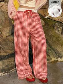 SHEIN EZwear Quần ống rộng kẻ caro đỏ dáng casual dành cho nữ - Đỏ và trắng - Xem 1