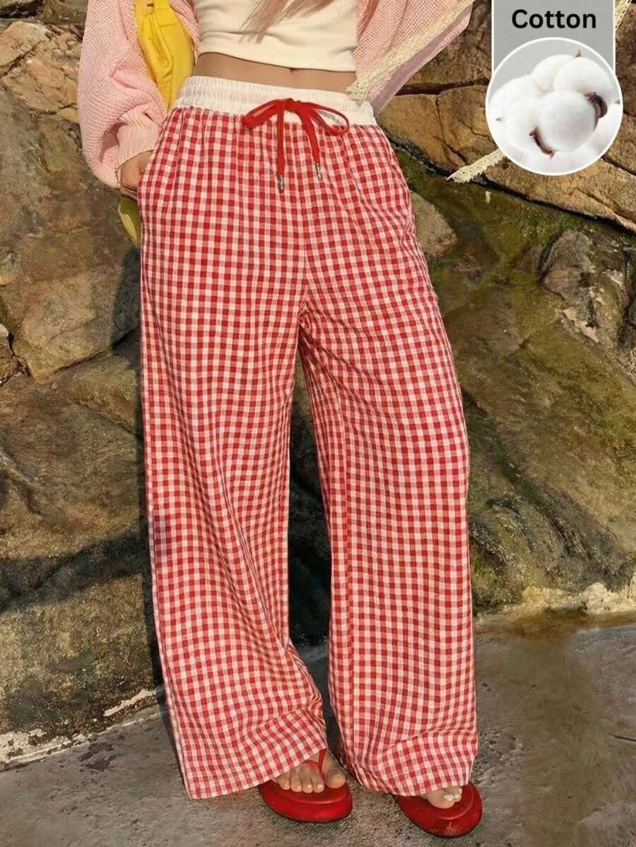 SHEIN EZwear Quần ống rộng kẻ caro đỏ dáng casual dành cho nữ - Đỏ và trắng - Xem 1