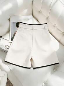 SHEIN Franclia Quần short dáng chữ A cạp cao, ôm dáng, thiết kế viền tương phản, kiểu dáng đa năng, phù hợp cho nữ, thích hợp mặc thường ngày. - Màu be - Xem 2