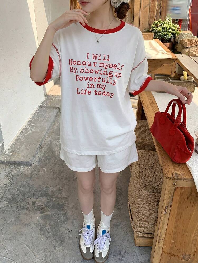 2pcs/Set Women Loose Letter Print Short Sleeve Shorts Pajama Set, Summer