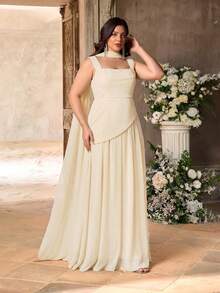 Aureia Đầm dáng chữ A xếp ly không đều, sang trọng, cỡ lớn, chất liệu satin và chiffon co giãn, thích hợp cho tiệc tối, tiệc độc thân, hẹn hò, dạ hội, đám cưới. - Màu be - Xem 7