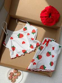 Comfortcana Women's Strawberry Print Jacquard Ruffle Trim Camisole & Shorts Pajama Set - White - View 1