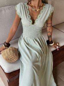 DAZY 女士度假风束腰纹理面料棉质刺绣长款沙滩连衣裙，春夏款 - 灰藍色 - 查看 1