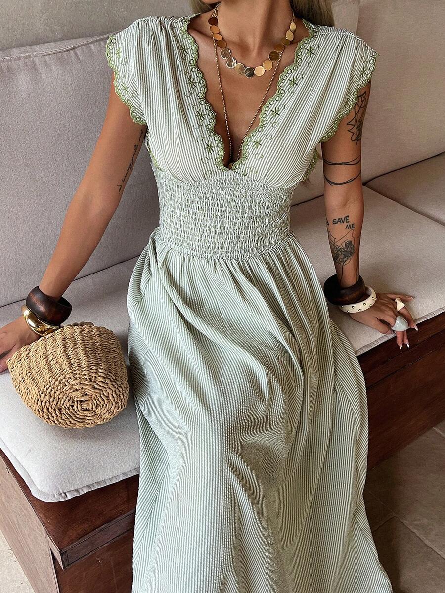 DAZY 女士度假风束腰纹理面料棉质刺绣长款沙滩连衣裙，春夏款 - 灰藍色 - 查看 1