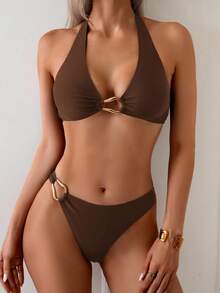 Oceva Conjunto de bikini sexy de 2 piezas con top de cuello halter negro, traje de baño casual de playa para vacaciones de mujeres - Café integral - Ver 6