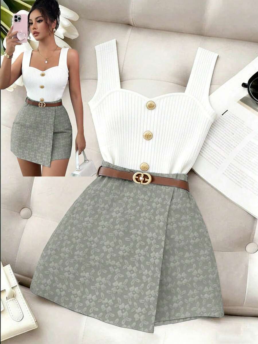 GlowEve Textured Jacquard Elegant Commuter Solid Color Skort, Valentine's Day - Green - View 1