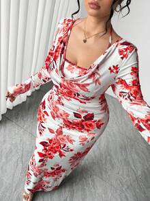 Celure 大码女式新款荷叶边领短款修身碎花连衣裙，腰部系带，黄白相间 - 紅色 - 查看 1