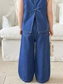 SHEIN Conjunto informal de top de tirantes de unicolor y pantalones vaqueros para niña - Azul lavado oscuro - Ver 5
