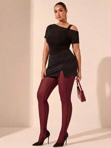 SHEIN Tall CURVE 大码女式纯色弹力腰时尚打底裤 - 酒紅色 - 查看 5