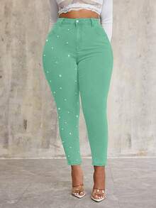 Slaydiva Plus Size Elastic Blue Denim Pants With Pearl Decor - Mint Green - View 6