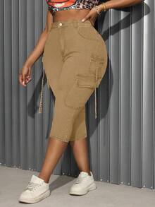 Slaydiva Celana Jeans Skinny Wanita Ukuran Besar Warna Biru Elastis Gaya Vintage dengan Kantong - Khaki - View 5