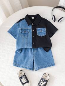 SHEIN 2件套男女宝宝休闲时尚撞色牛仔短袖衬衫和短裤套装，男宝宝服装，男宝宝夏季服装，街头风，牛仔裤 - 黑色 - 查看 4