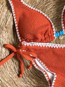 Swim Basics Women's Toothpick Necklace Chest Decor Blue Swimwear Set - Coral Orange - View 5