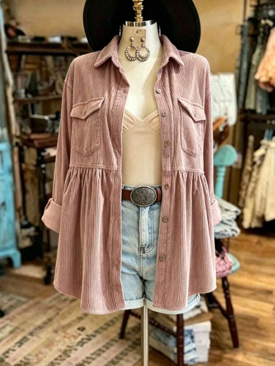 Women's Front Button Long Sleeve Pocket Casual Shirt - Pink - View 1