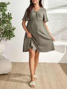 SHEIN Nouvelle arrivée Robe d'été bohème à col en V, manches courtes et volants à l'ourlet - Militaire verte - Voir 8