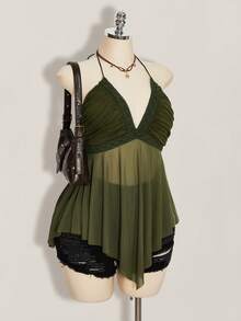SHEIN ICON Plus Size Asymmetrical Mesh Patchwork Halter Neck Tank Top For Women - Army Green - View 6