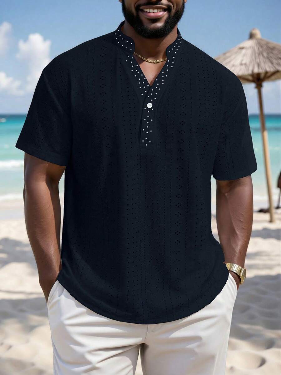Genlund Plus Size Men's Solid Color Notched Neck Casual Versatile Daily Wear Short Sleeve Shirt, Holiday - Navy Blue - View 1