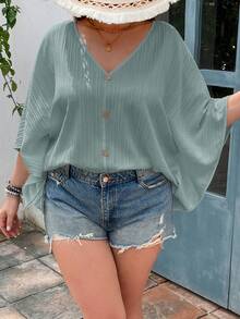 SHEIN VCAY Plus Size Textured Batwing Sleeve V-Neck Blouse - Dusty Blue - View 1