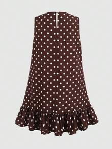 SHEIN Teen Girls' Round Neck Polka Dot Casual Summer Vacation Dress With Ruffle Hem - Khaki - View 4