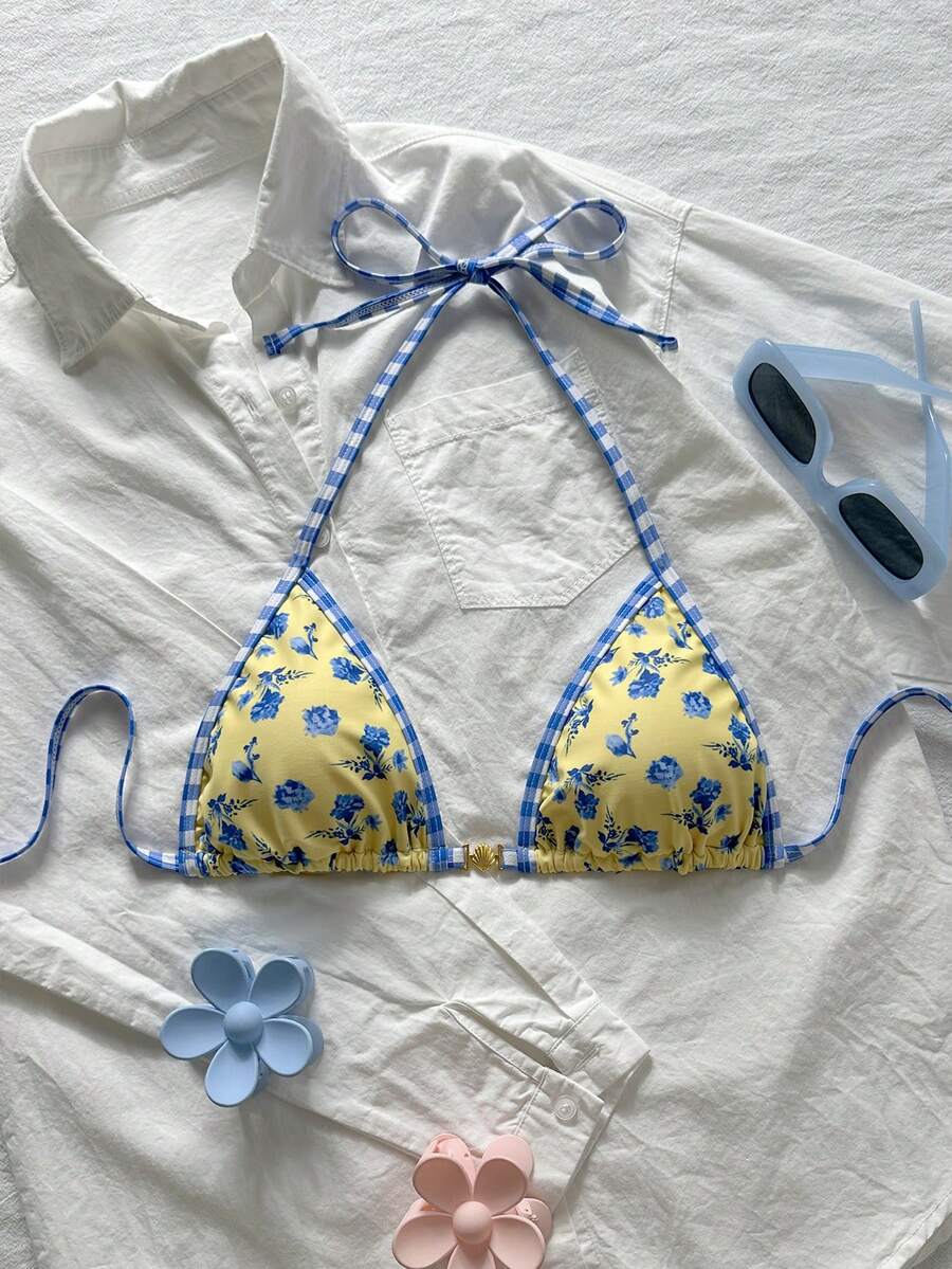 Swim Vcay 2026夏季女士甜美复古黄色碎花印花挂脖比基尼上衣,蓝色格纹饰边和贝壳扣三角胸罩,细肩带蝴蝶结泳衣上装,适合海滩度假和泳池派对,比基尼图案,另类比基尼套装,带罩衫,印花比基尼套装,泳装 - 彩色 - 查看 1