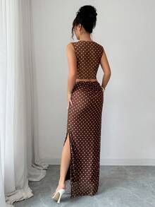 Rafferiza Bộ đồ 2 mảnh thanh lịch dành cho nữ, gồm áo hai dây và chân váy xếp ly bằng vải lưới in họa tiết chấm bi. - Cà phê nâu - Xem 2
