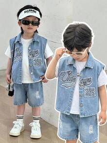 2pcs Toddler Boys' Letter Embroidered Light Blue Denim Vest And Loose Shorts Set - Light Wash - View 3