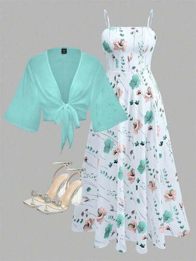 SHEIN Tall CURVE Bộ váy in hoa cỡ lớn dành cho nữ, trang phục nghỉ mát thanh lịch, bộ váy hai mảnh dáng suông, thích hợp cho mùa hè.