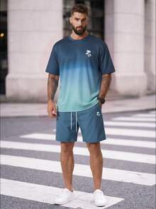 Manfinity Homme Plus Size Men Gradient Plant Print Short Sleeve T-Shirt And Pocket Casual Shorts 2-Piece Set, Vacation, Cozy Outfits - Dusty Blue - View 3