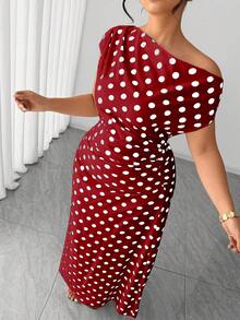 Elenzga Plus Size Women Summer Burgundy Autumn Elegant 1950s Vintage Wedding Polka Dot Dress, Oblique Collar French Retro Pleated Slim Fit Stylish Party - Red - View 1