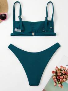 SHEIN Swim Summer Beach Rib High Cut Bikini Set - Dark Green - View 2