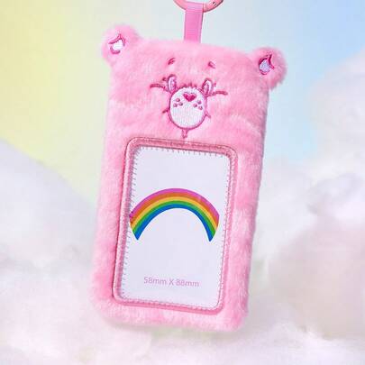 SHEIN X Care Bears 1个可爱粉色小熊卡袋，立体耳朵造型，适合放置IDOU小卡片、工作卡、校园卡、交通卡等，透明PVC窗口设计，可悬挂在包上