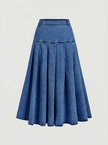 SHEIN MOD Bộ vest cỡ lớn màu trơn cài cúc phía trước và chân váy denim xếp ly, kiểu dáng thường ngày. - Rửa trung bình - Xem 8