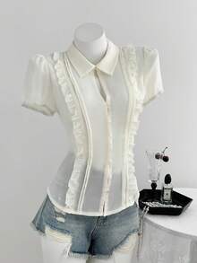Elamini Women's Solid Color Short Sleeve Shirt Waist Cinched Textured Fabric Tea Party Office Off White Summer Romantic Elegant Teachers' Day - Apricot - View 7