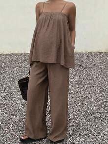 休闲度假风宽松吊带背心和长裤两件套，棕色，孕妇装 - 棕色 - 查看 9