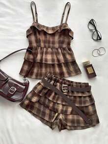 Attitoon Quần short nữ kẻ caro dáng suông có bèo nhún, thích hợp cho mùa hè. - màu nâu - Xem 2