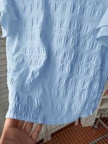 Kids Teen Girls Blue Summer Elegant Party Blouse,Textured Woven Round Neck Ruched Ruffle Trim Cap Sleeve Fitted Casual Blouses For Vacation Outing - Blue - View 8