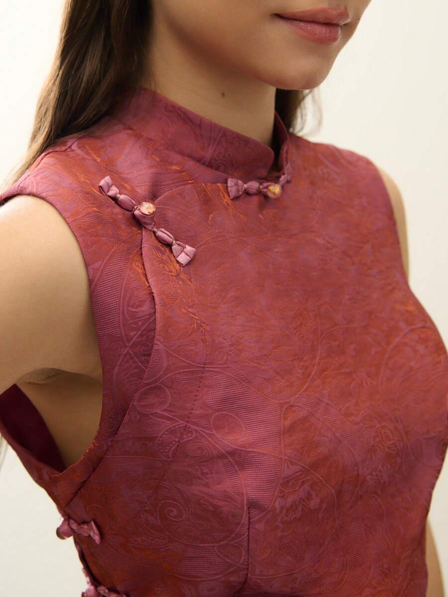 Women's Deep Maroon Sleeveless Stand-Up Collar Top (Chinese Style) - Dusty Pink - View 1