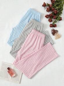 Women Cotton 3 Pcs Multicolour Striped Long Homewear Comfort Casual Sleep Bottoms Set - Multicolor - View 3